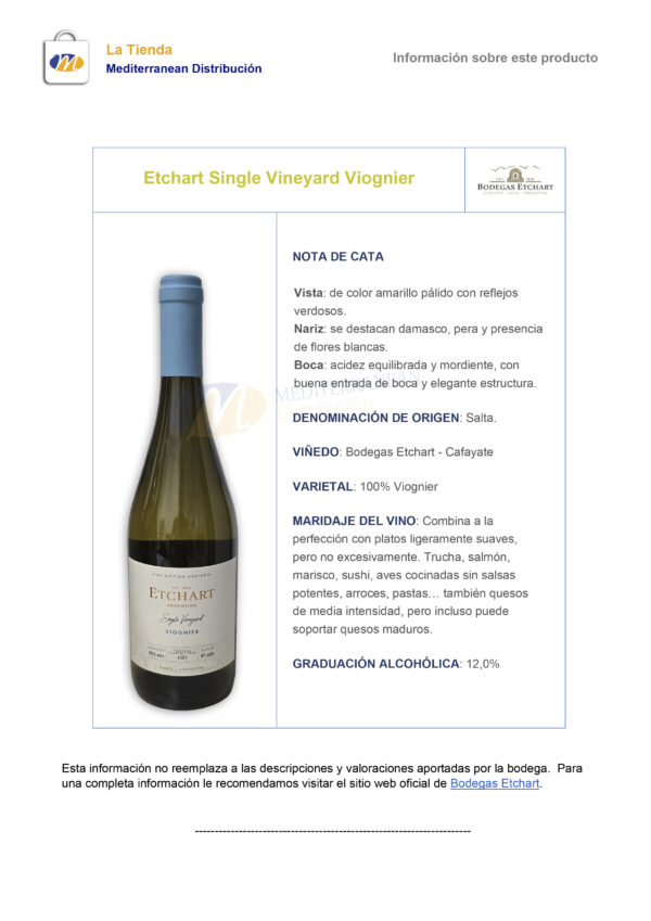 Etchart Single Vineyard Viognier - Imagen 2