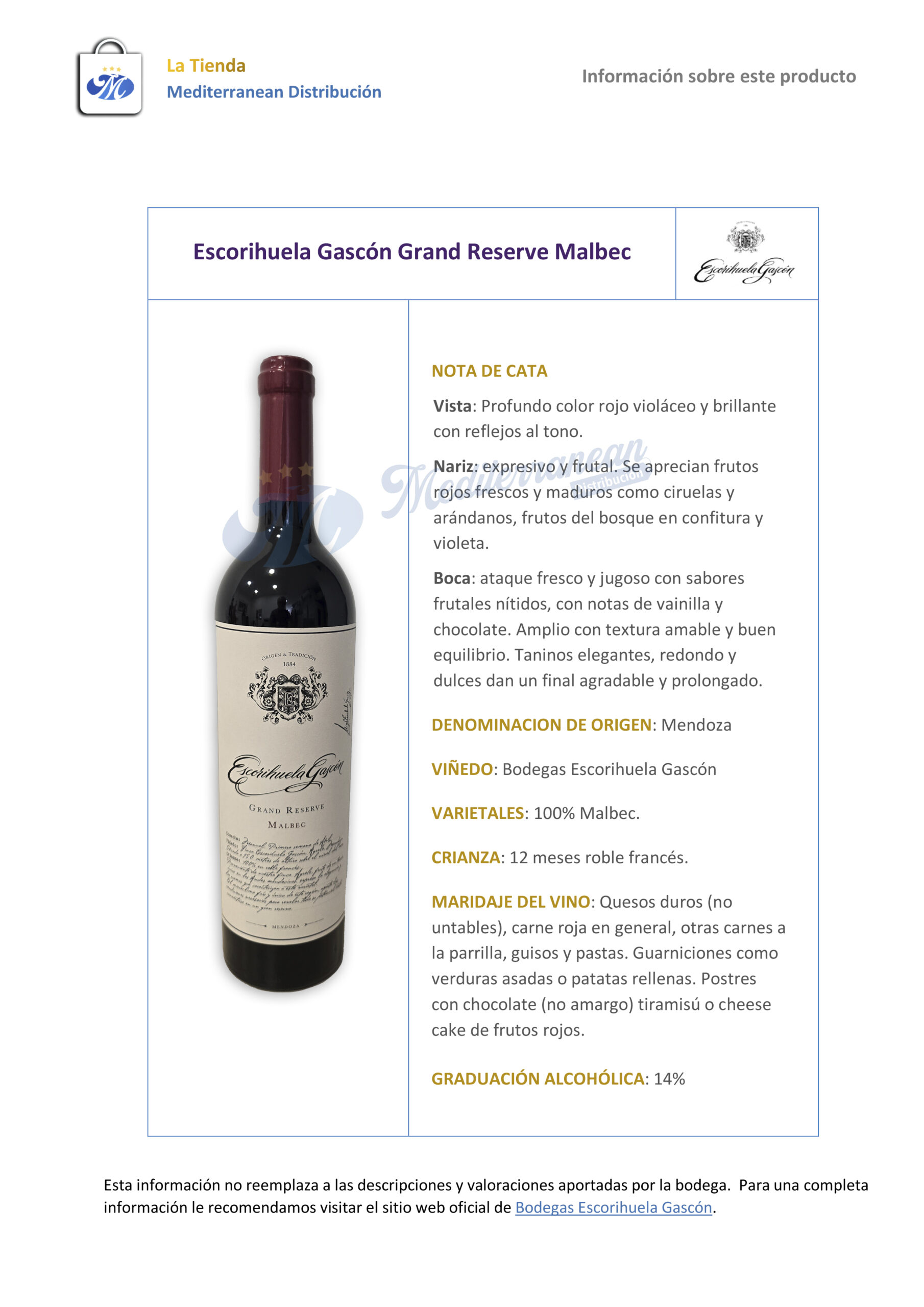 Escorihuela Gascón Grand Reserve Malbec - Imagen 2